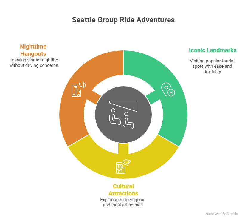 A colorful travel infographic highlighting the best things to do in Seattle, featuring iconic landmarks like the Space Needle, Pike Place Market, and the Chihuly Garden and Glass museum.
