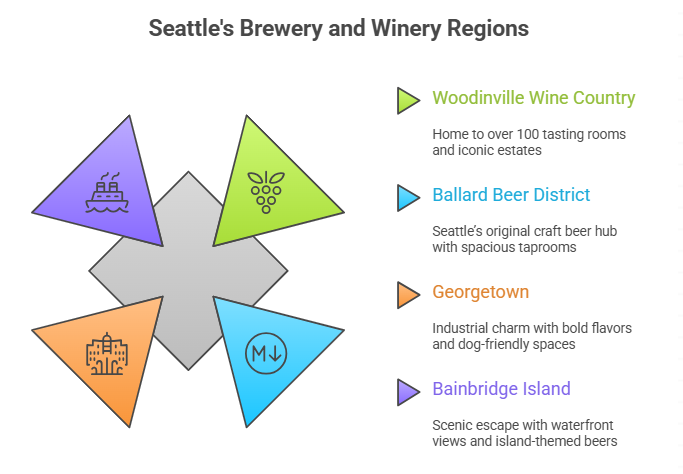 Top regions for breweries and wineries near Seattle that you can explore with a party bus.