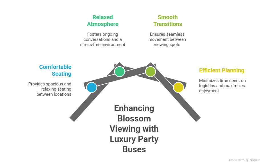 An infographic titled "Enhancing Blossom Viewing with Luxury Party Buses," detailing benefits like comfortable seating and efficient planning for visiting the best places to see cherry blossoms.
