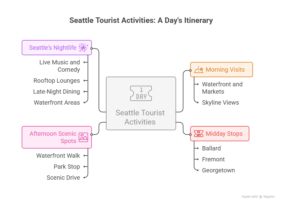 A mind map infographic titled "Seattle Tourist Activities: A Day's Itinerary," detailing Seattle Washington tourist activities such as morning visits to markets, midday stops in Fremont, and nighttime rooftop lounges.