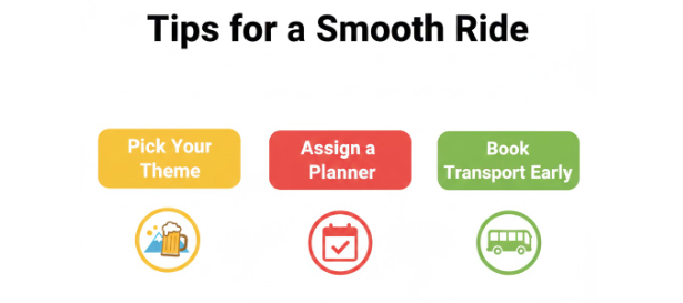 Infographic showing three simple tips for a smooth ride for your bachelor party. 