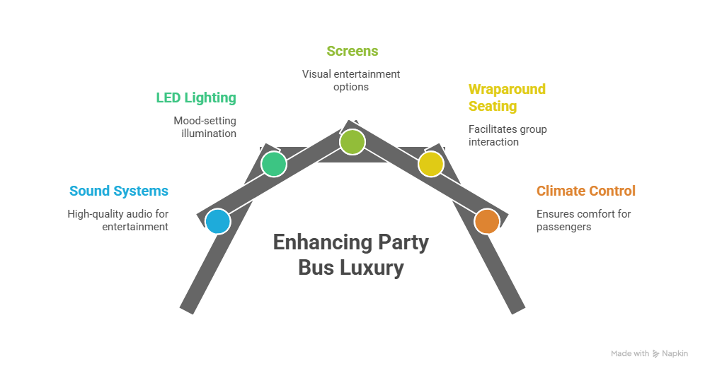 This image describes what features you get on board when you rent a party bus