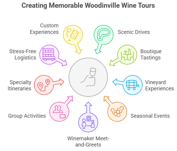 The infographic shows how you can create a Woodinville wine tours experience you’ll never forget with private tastings, vineyard tours, and a day of luxury with friends.