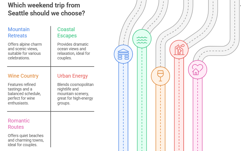 The infographic shows the city’s scenic destinations, fun experiences, and group adventures perfect for planning weekend trips from Seattle.