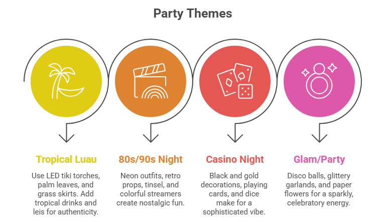 This image lists the four popular ideas for party bus decorations to consider for your group travel.