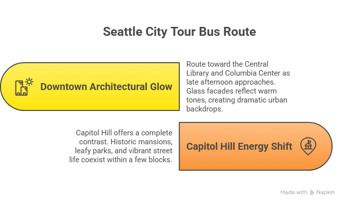 An informational graphic highlighting two tour areas: Downtown Architectural Glow, featuring glass facades near Central Library and Columbia Center, and Capitol Hill Energy Shift, showcasing historic mansions, parks, and vibrant street life.