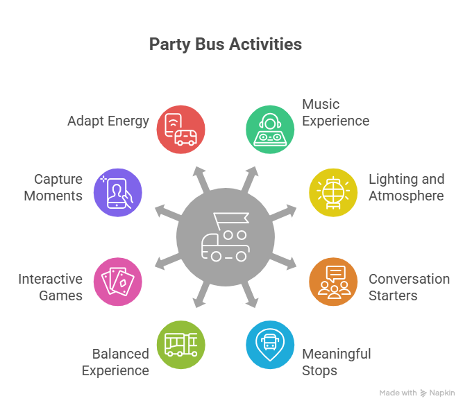 An infographic titled "Party Bus Activities" showcasing what to do on a party bus through eight colorful icons. Suggested activities include music experiences, interactive games, lighting and atmosphere, conversation starters, and meaningful stops.