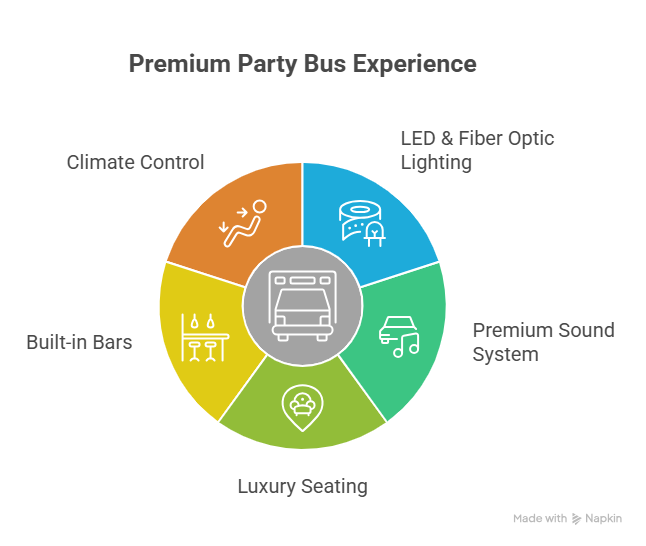 An infographic titled "Premium Party Bus Experience" featuring a colorful circular diagram. It highlights five key amenities of a party bus interior: climate control, LED & fiber optic lighting, premium sound systems, luxury seating, and built-in bars.