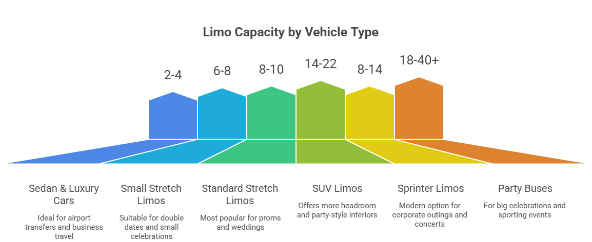 003.00 This image discusses how many people can fit in a limo by listing the capacity by vehicle type.
