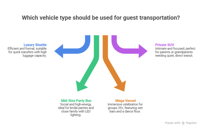 An infographic showing four options for wedding guest transportation. It lists luxury shuttles, mid-size party buses, mega vessels, and private SUVs with brief descriptions of their best uses and features.