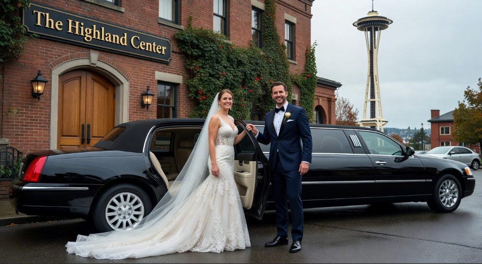 A bride and groom stepping out of a luxury wedding limo rental outside a Seattle ceremony venue