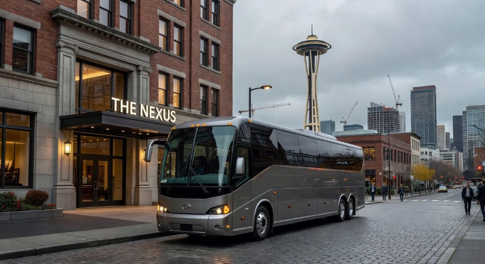 A modern luxury charter bus parked outside a Seattle event venue, ready for large group transportation