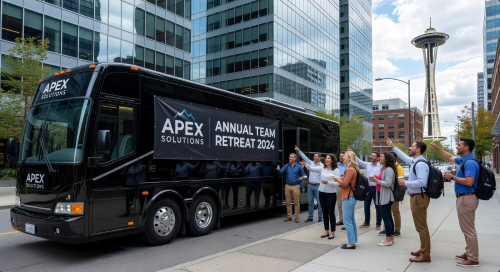 A professional corporate party bus parked outside a Seattle office building ready for a team outing Prom students celebrating inside a limo for prom with LED lighting and premium sound system in Seattle