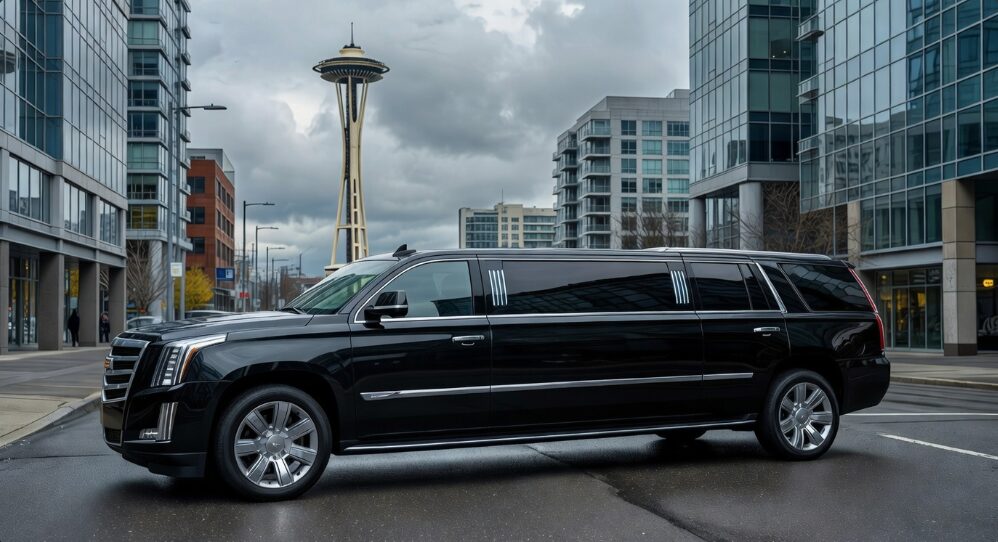 A sleek black SUV limo rental parked in downtown Seattle A sleek black SUV limo rental parked in downtown Seattle