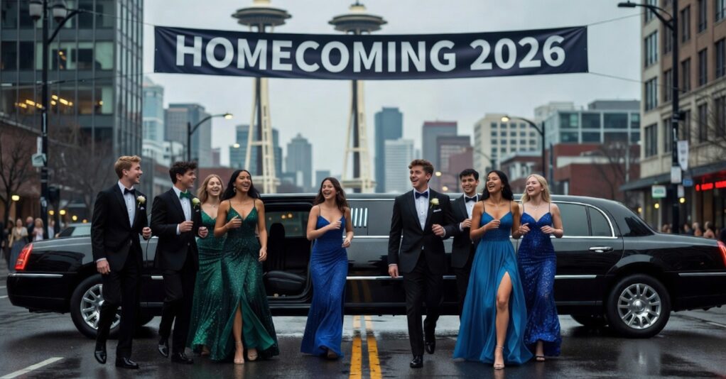 High school students stepping out of a luxury homecoming limo in Seattle