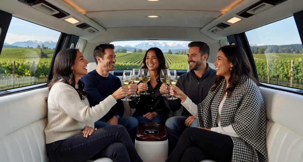 Friends toasting wine glasses inside a luxury wine tour limo traveling through Woodinville wine country near Seattle Friends toasting wine glasses inside a luxury wine tour limo traveling through Woodinville wine country near Seattle