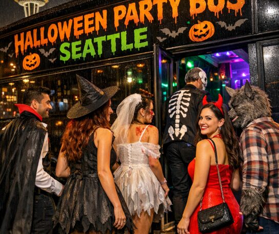 Group of costumed friends stepping onto a Halloween party bus in Seattle for a spooky night out