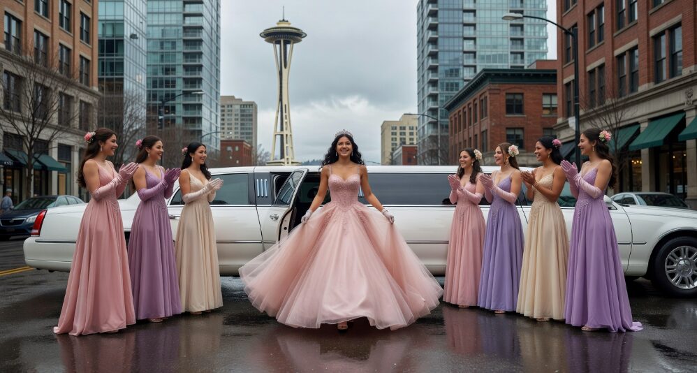 Birthday girl in a quinceañera gown stepping out of a luxury quinceañera limo in Seattle, surrounded by her court of honor