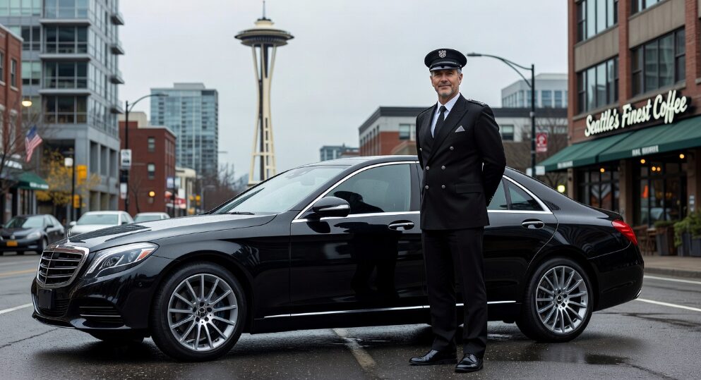 Professional chauffeur standing beside a late-model black vehicle representing luxury transport services in Seattle