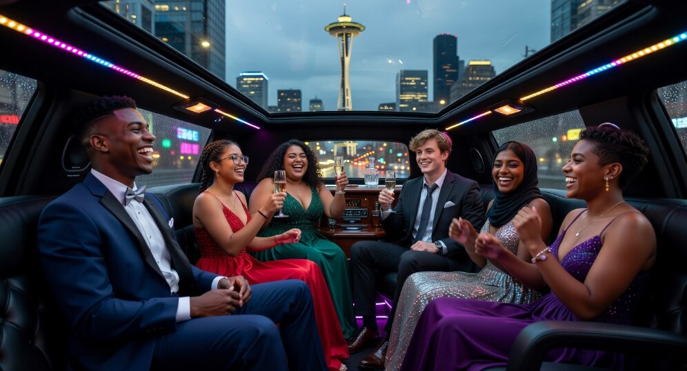 Prom students celebrating inside a limo for prom with LED lighting and premium sound system in Seattle