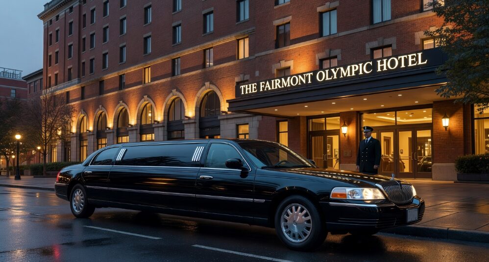 Sleek black limo rental parked outside an elegant Seattle venue at night, representing classic formal transportation