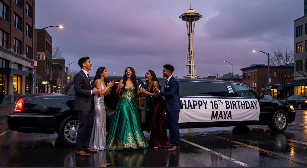 Teenage birthday girl stepping out of a luxury sweet 16 limo in Seattle with friends celebrating her milestone birthday