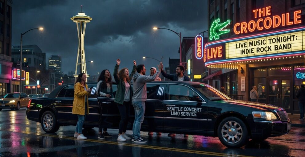 Group of friends stepping out of a concert limo service outside a Seattle venue at night