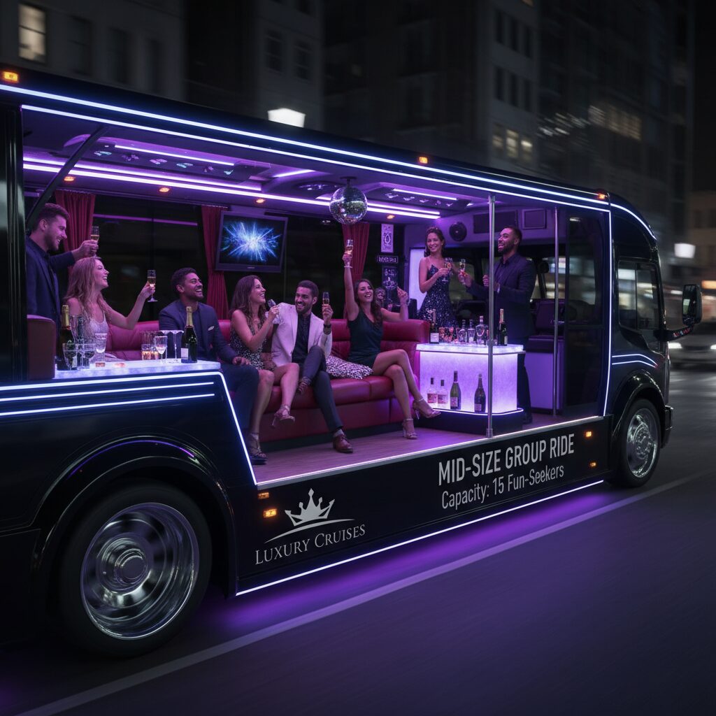Group of friends stepping out of a concert limo service outside a Seattle venue at night