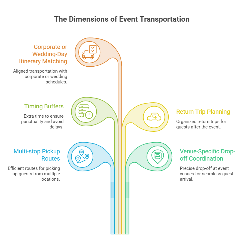 An infographic detailing five logistics benefits of special event transportation. It highlights itinerary matching, timing buffers, multi-stop pickup routes, return trip planning, and venue-specific drop-off coordination.