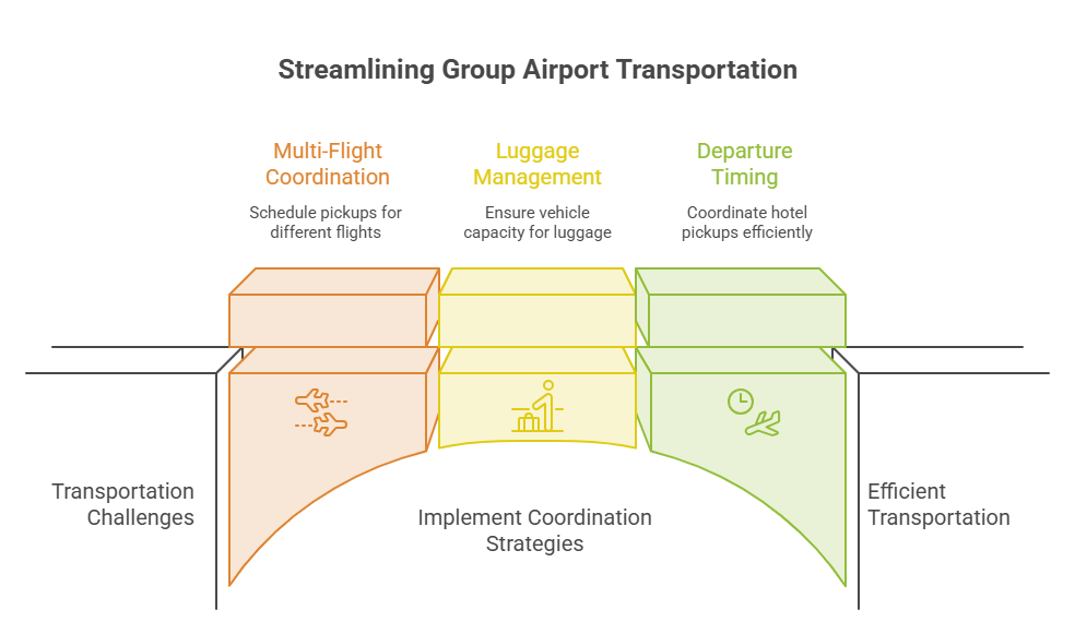 An infographic outlining strategies for airport transportation for groups. It shows a bridge graphic linking "Transportation Challenges" to "Efficient Transportation" using three blocks for multi-flight coordination, luggage management, and departure timing.