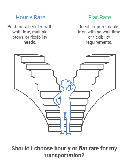 An infographic that depicts a person deciding between two staircases representing an hourly rate noting flexibility for an hourly chauffeur service and a flat rate, which is ideal for predictable, direct trips.