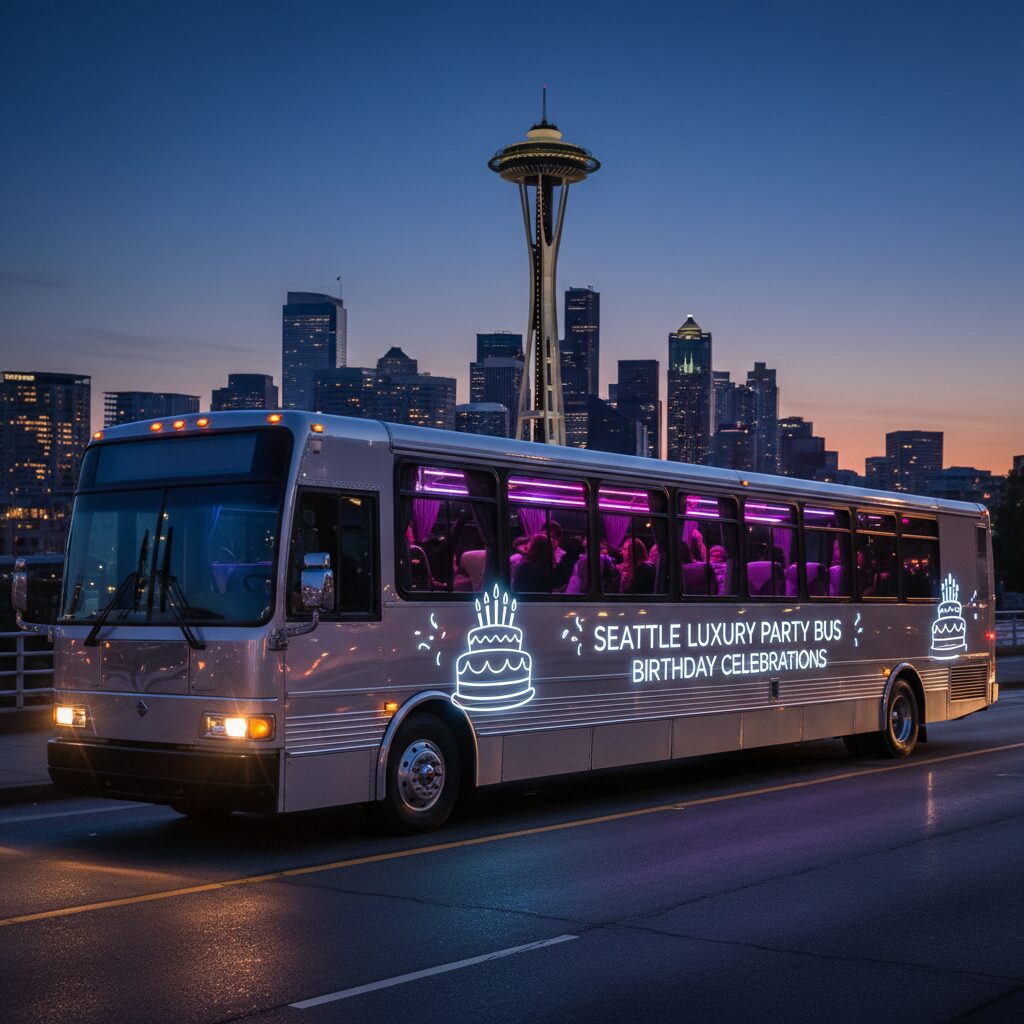 Book a premium party bus for birthday parties from Seattle Party Bus Rentals. Group of friends stepping out of a concert limo service outside a Seattle venue at night
